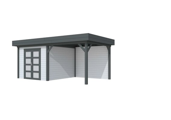 Vuren Topvision Bosuil, 300 x 300 en luifel 300 cm, wanden lichtgrijs en basis antraciet.