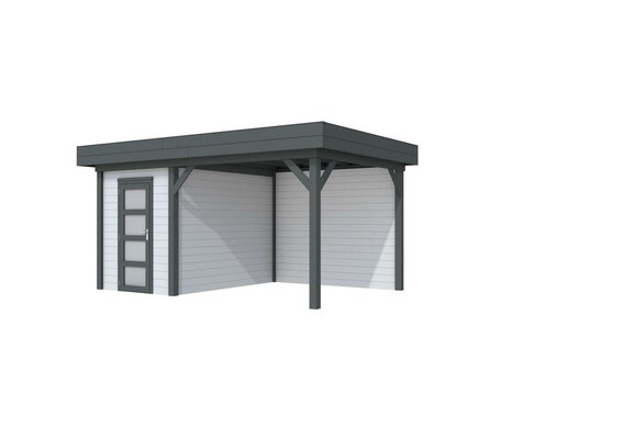 Vuren Topvision Kiekendief, 200 x 300 en luifel 300 cm, wanden lichtgrijs en basis antraciet.